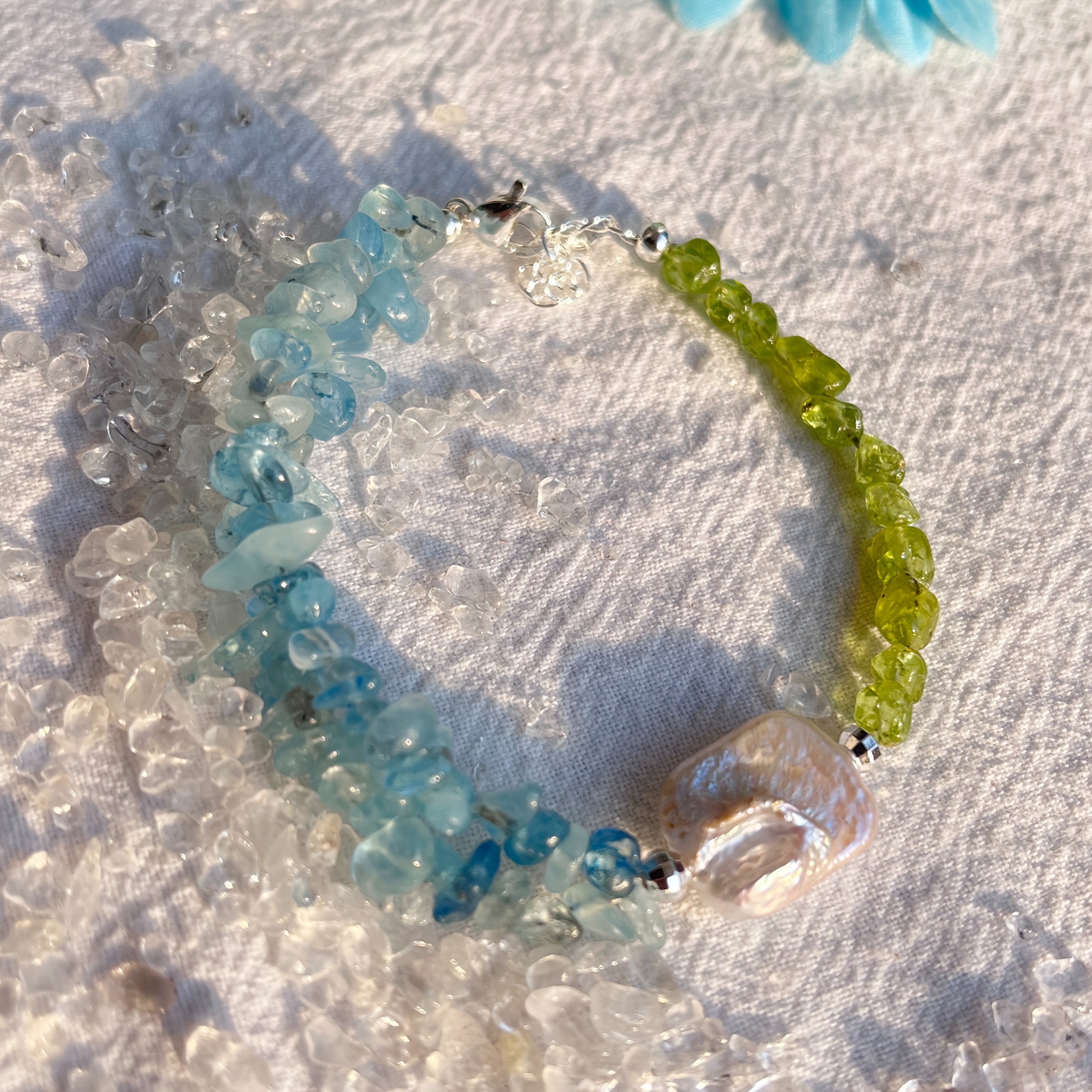 Peridot Aquamarine Freshwater Pearl Bracelet